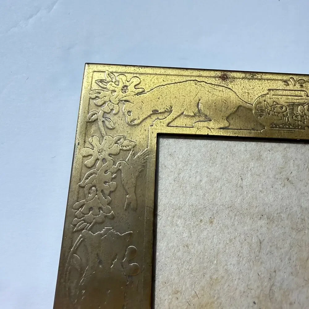Vintage M.W. Carr Brass Cat Picture Frame 5x6 Embossed Mushroom Hummingbird Fish